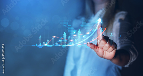 Bild auf Leinwand Businesswoman holding arrow graph corporate business growth   plan