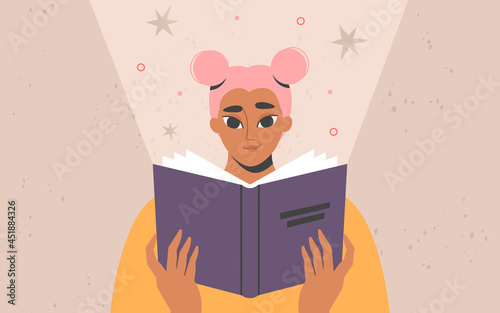 Woman reading a book. Girl enjoying literature, story. Studying, learning, self education, bookworm concept. International literacy day, book fair or festival. Trendy isolated vector illustration
