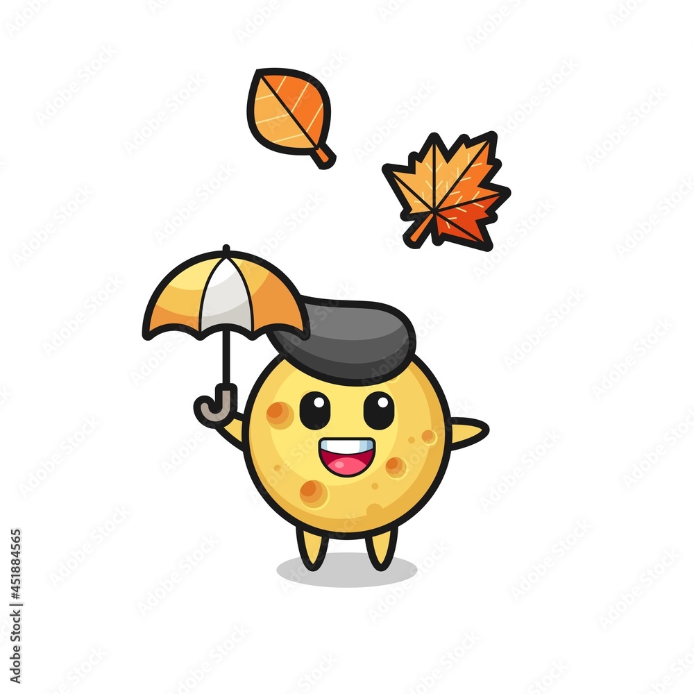 cartoon of the cute round cheese holding an umbrella in autumn