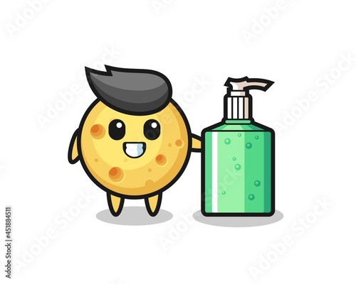 cute round cheese cartoon with hand sanitizer