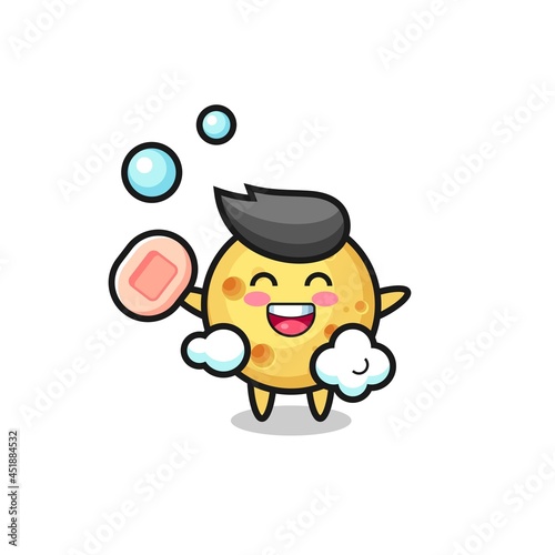 round cheese character is bathing while holding soap
