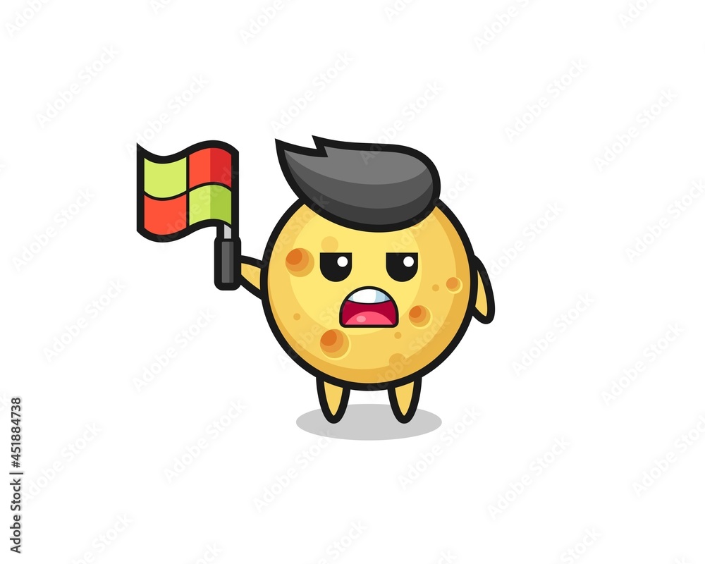 round cheese character as line judge putting the flag up