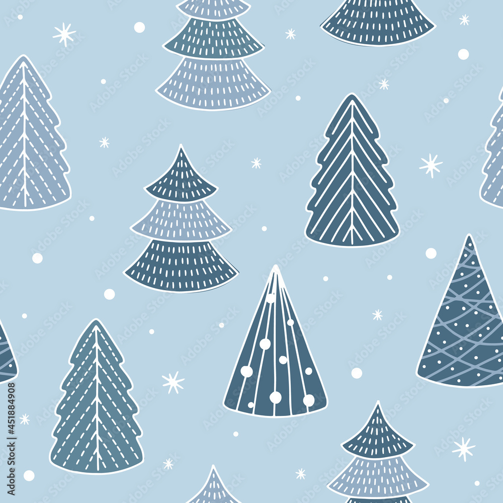 Christmas seamless pattern for greeting cards, wrapping papers. Doodle Christmas trees.