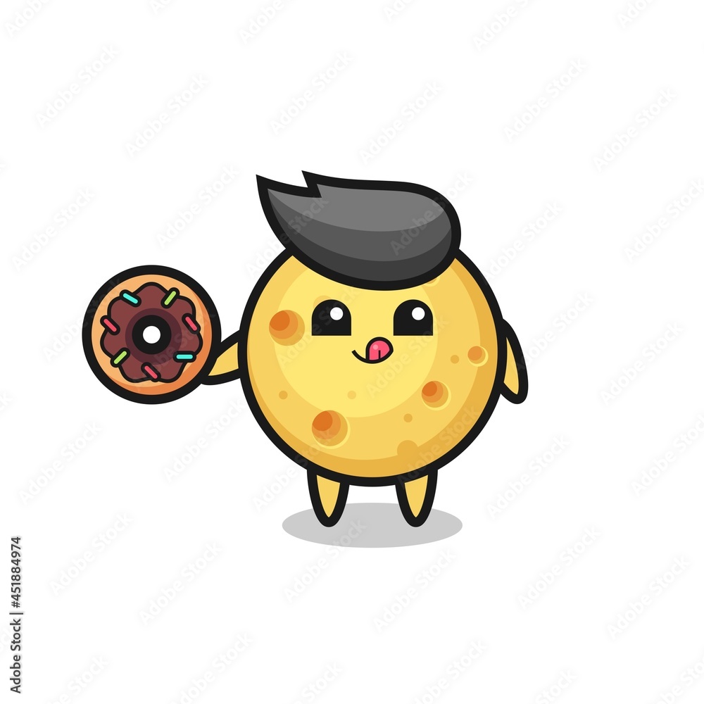 illustration of an round cheese character eating a doughnut illustration of an round cheese character eating a doughnut