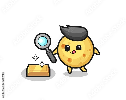 round cheese character is checking the authenticity of the gold bullion