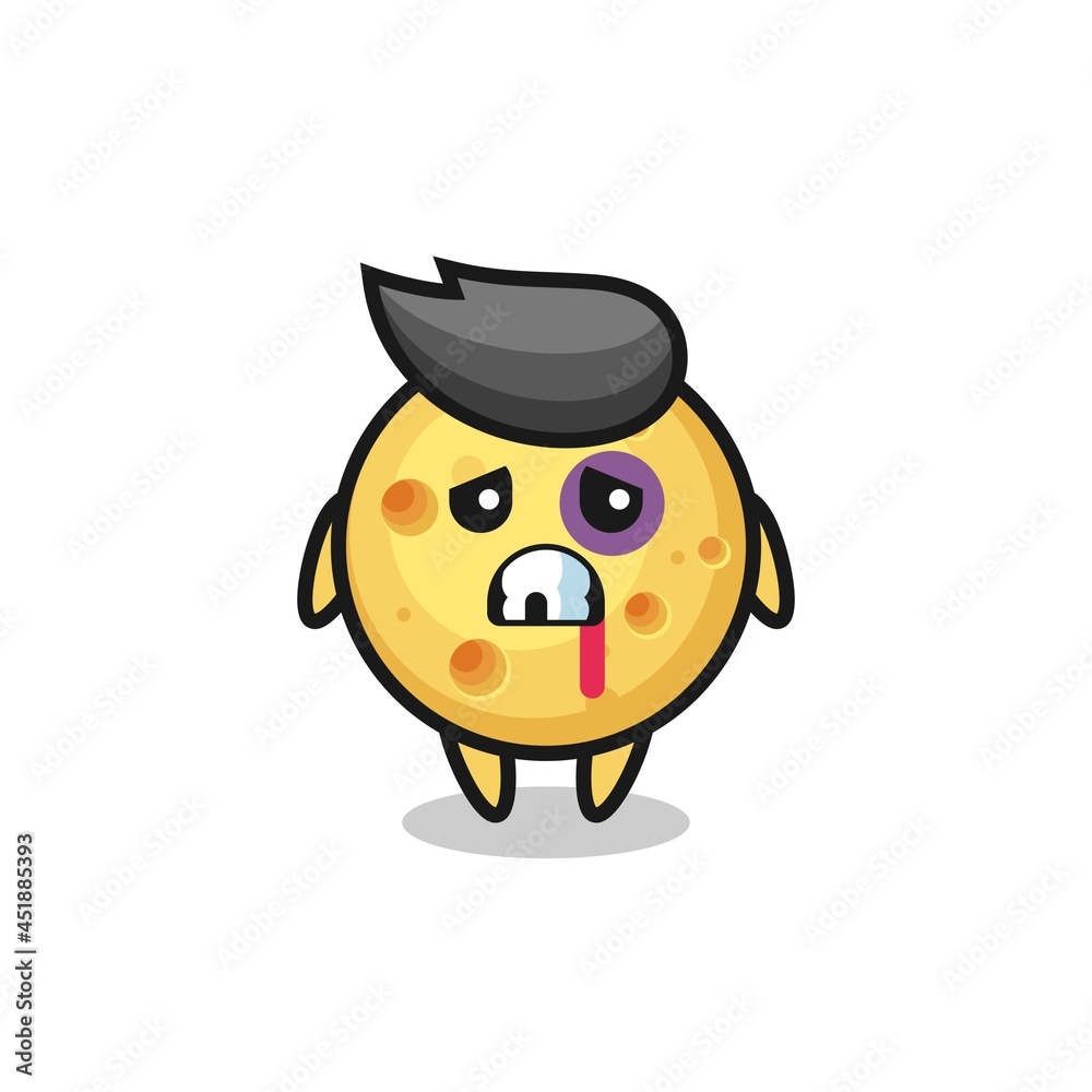 injured round cheese character with a bruised face