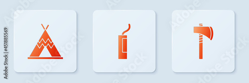 Set Dynamite bomb, Indian teepee or wigwam and Tomahawk axe. White square button. Vector
