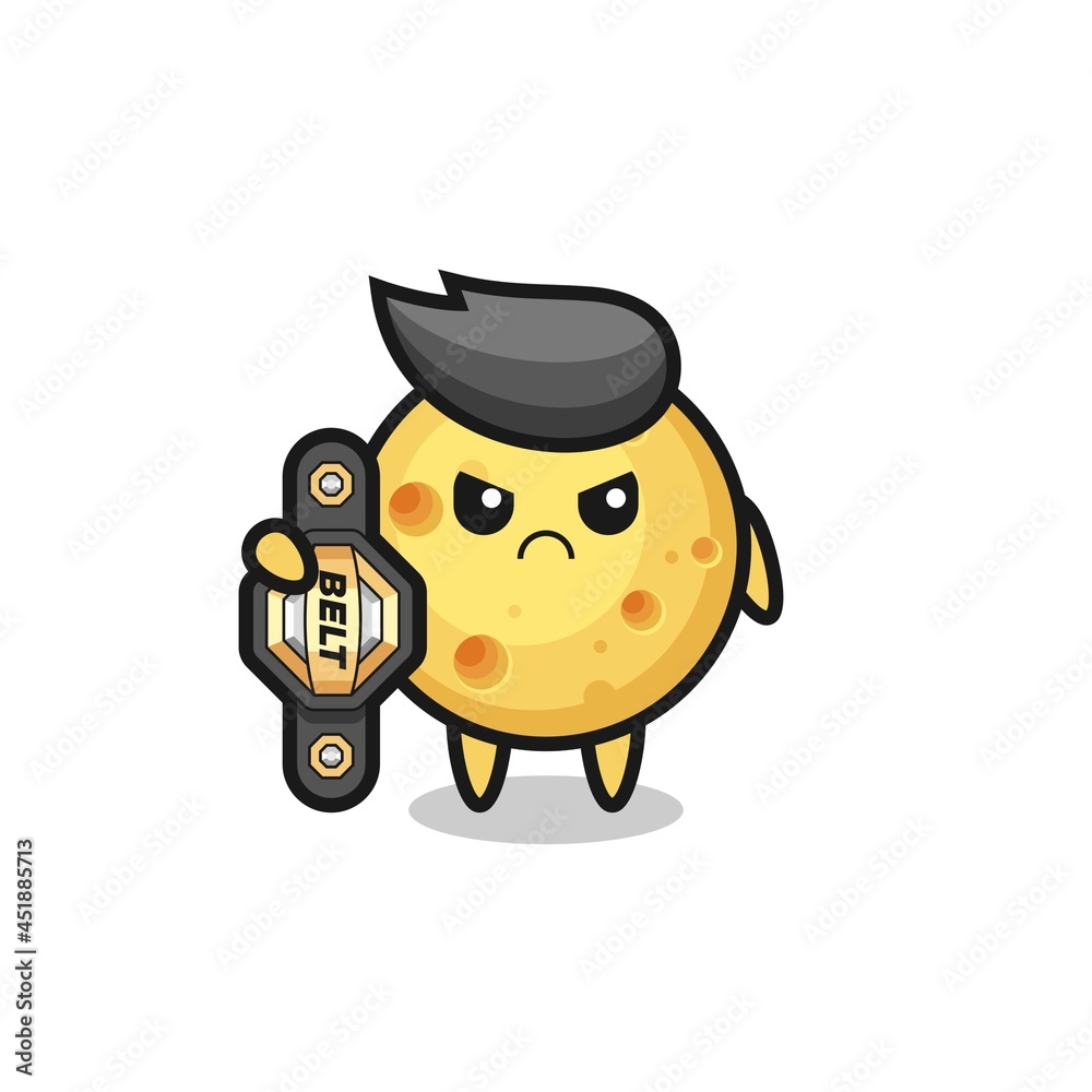 round cheese mascot character as a MMA fighter with the champion belt