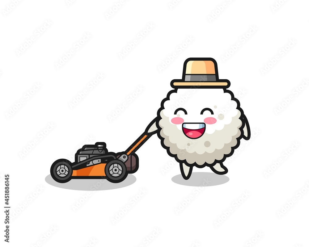 Fototapeta premium illustration of the rice ball character using lawn mower