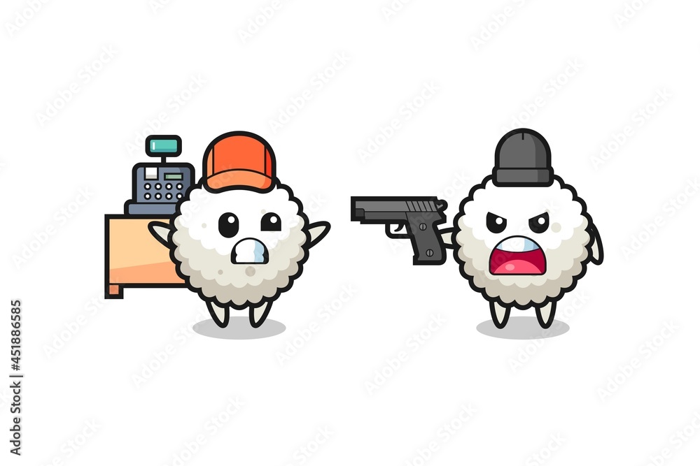 Fototapeta premium illustration of the cute rice ball as a cashier is pointed a gun by a robber