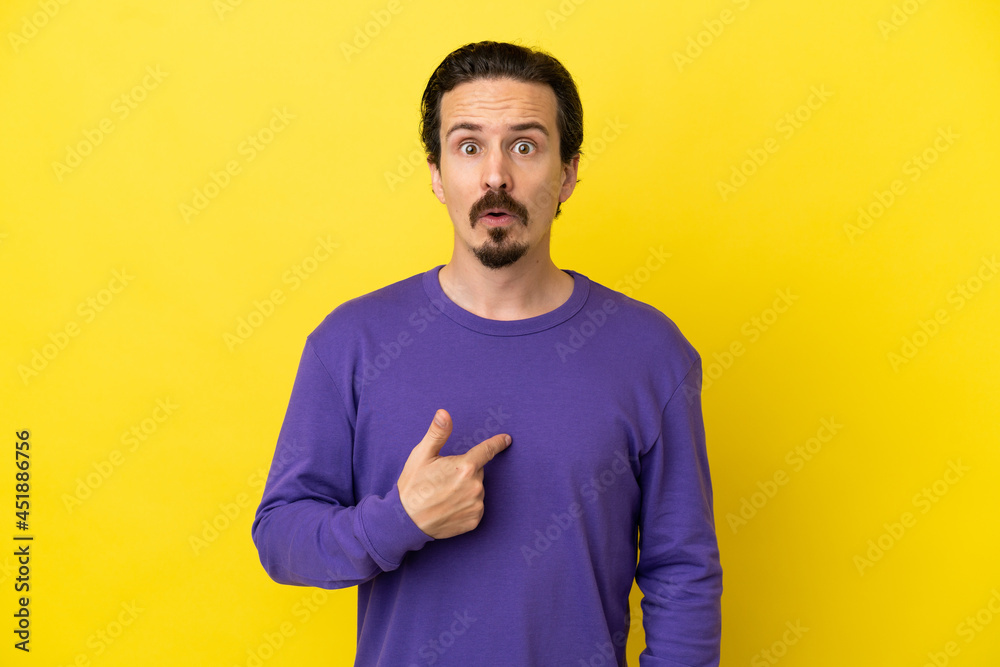 Young caucasian man isolated on yellow background pointing to oneself Young caucasian man isolated on yellow background pointing to oneself