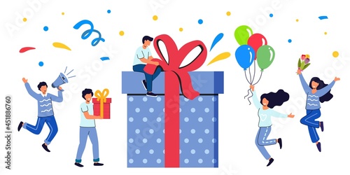 Loyalty program concept People getting gifts and rewards from store Bonus points Reward productive efficient work Profit or digital referral program Customer service business Tiny people with big box