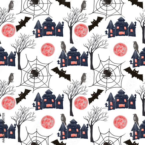 Seamless pattern with spiders  bats  trees  house. An illustration for a holiday  a party and invitations. Decoration for the interior. Printing for a T-shirt. A festive composition for the design of