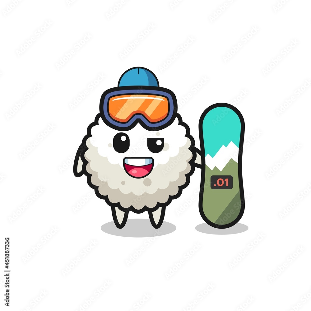 Illustration of rice ball character with snowboarding style
