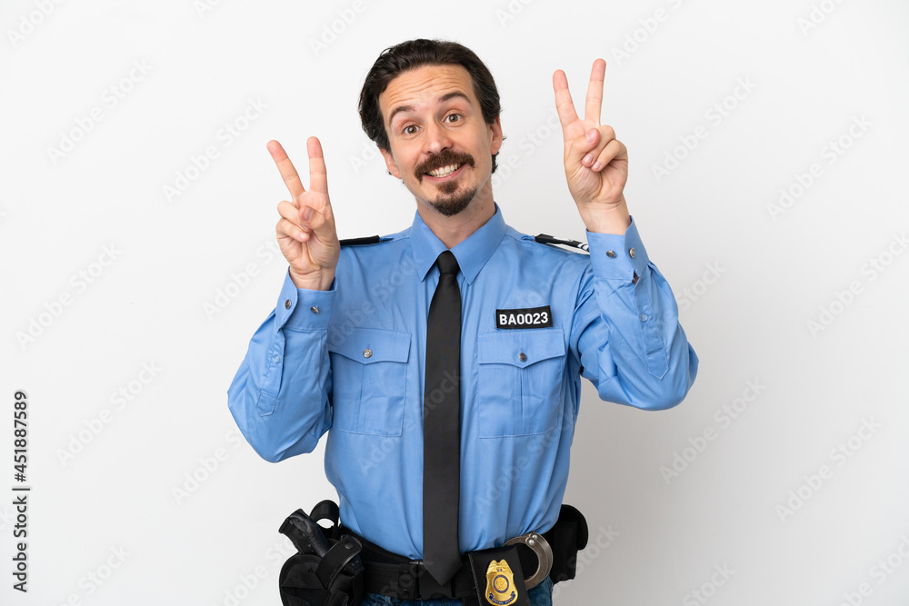 Young police man over isolated background white showing victory sign with both hands