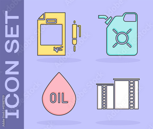 Set Oil industrial factory building, Contract money and pen, Oil drop and Canister for motor oil icon. Vector