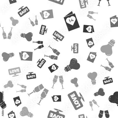 Set Valentines day flyer with heart, Speech bubble with text love, Heart shape in a light bulb and Glass of champagne on seamless pattern. Vector
