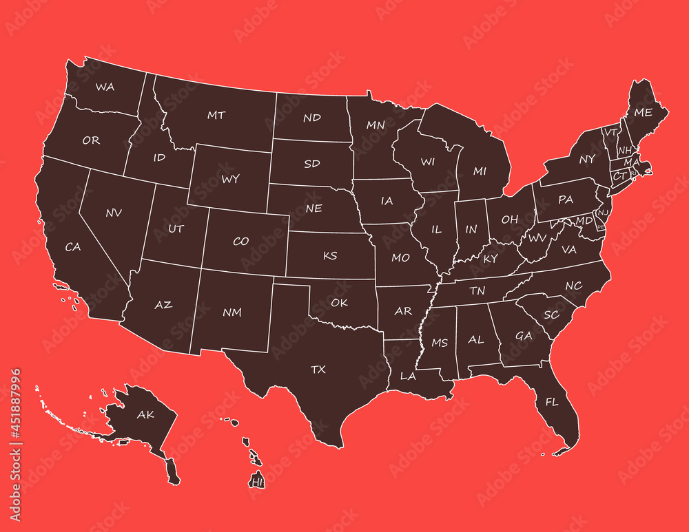 Dark Brown United States Of America Map With White Labels On Red Background
