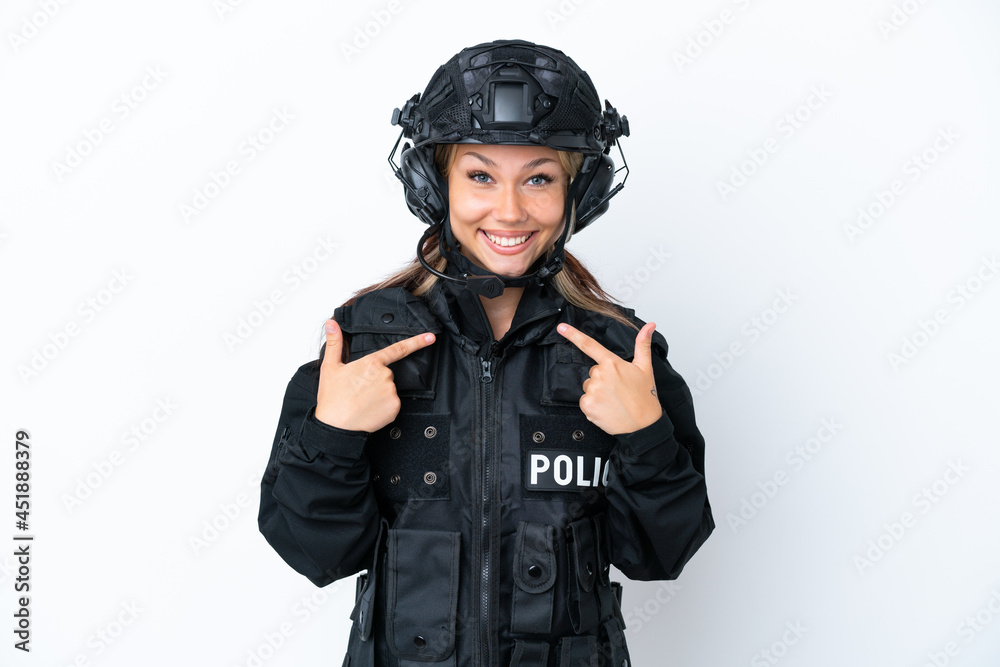 SWAT Russian woman isolated on white background with surprise facial expression SWAT Russian woman isolated on white background with surprise facial expression