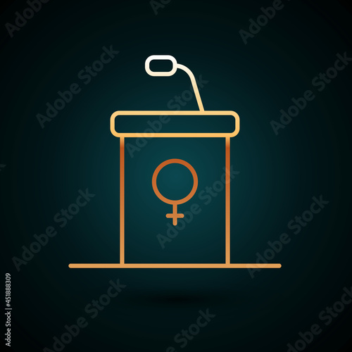 Gold line Stage stand or debate podium rostrum icon isolated on dark blue background. Conference speech tribune. Vector