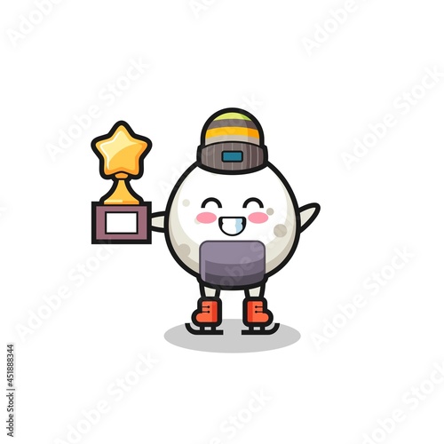 onigiri cartoon as an ice skating player hold winner trophy
