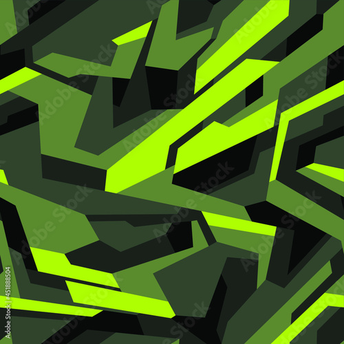 Abstract geometric seamless pattern with polygonal shapes. Modern digital camo texture ornament for racing vinyl print. Vector background.