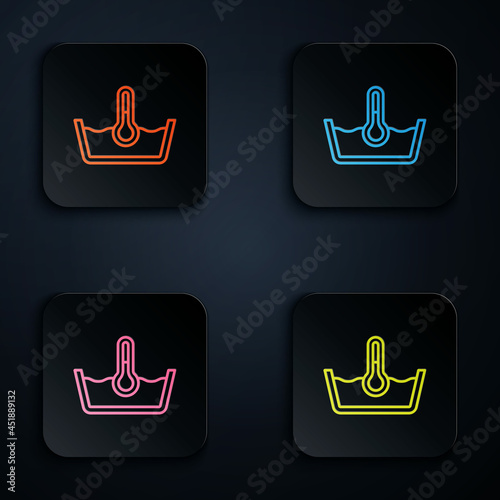 Color neon line Temperature wash icon isolated on black background. Temperature wash. Set icons in square buttons. Vector