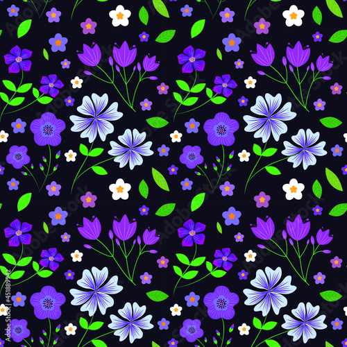 Cute Seamless purple and white floral pattern with ditsy and tulip flowers and green leaves on black background. Vector illustration .For textile, wallpaper, textures and fashion print 