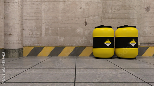 3d-illustration of a warehouse storing radioactive barrels