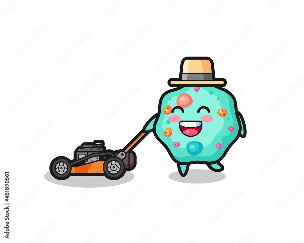 illustration of the amoeba character using lawn mower