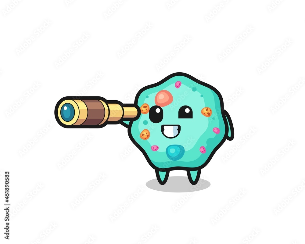 cute amoeba character is holding an old telescope cute amoeba character is holding an old telescope