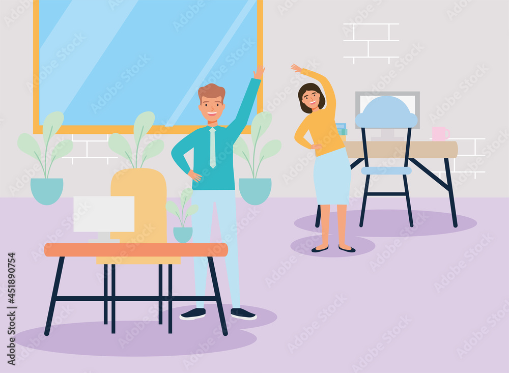 workers couple practicing active break