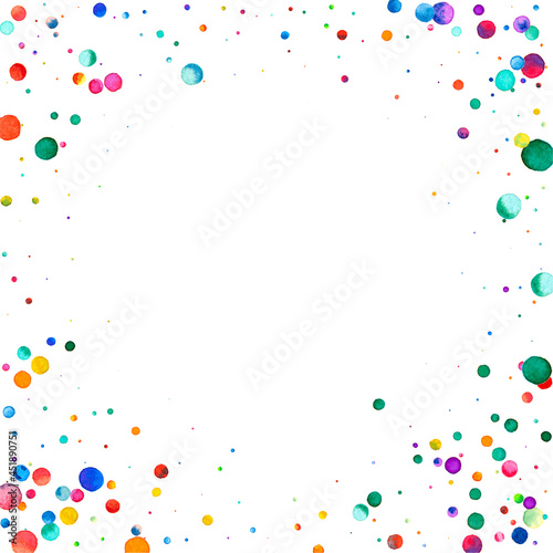 Watercolor confetti on white background. Adorable rainbow colored dots. Happy celebration square colorful bright card. Fetching hand painted confetti.