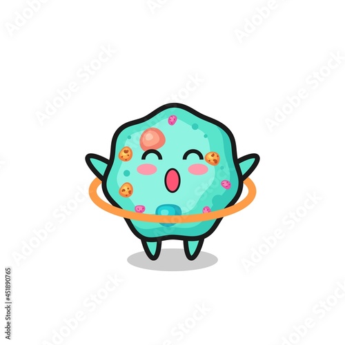 cute amoeba cartoon is playing hula hoop