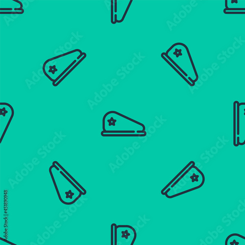 Blue line Military beret icon isolated seamless pattern on green background. Soldiers cap. Army hat. War baret. Vector