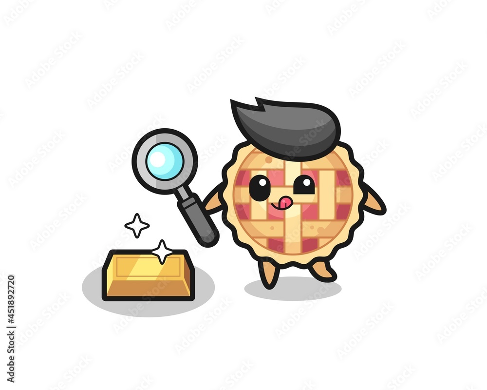 apple pie character is checking the authenticity of the gold bullion