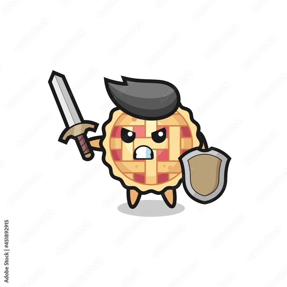 Obraz premium cute apple pie soldier fighting with sword and shield
