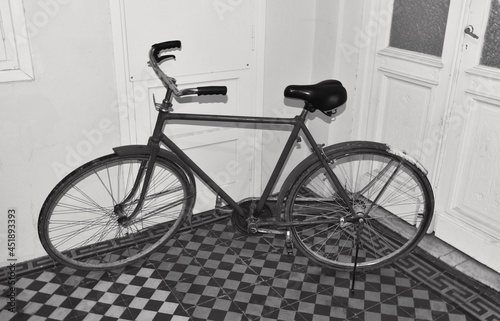 Black and white picture of an old bike