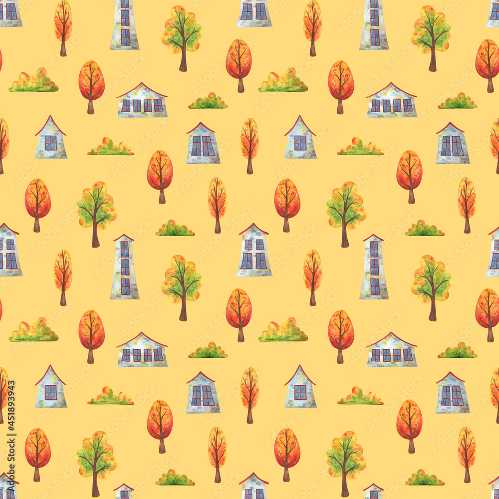 Streets of the autumn city. Yellow seamless pattern with houses and falling trees. Decorative print for fabrics, textiles, and paper. Endless background with children's watercolor illustrations. 