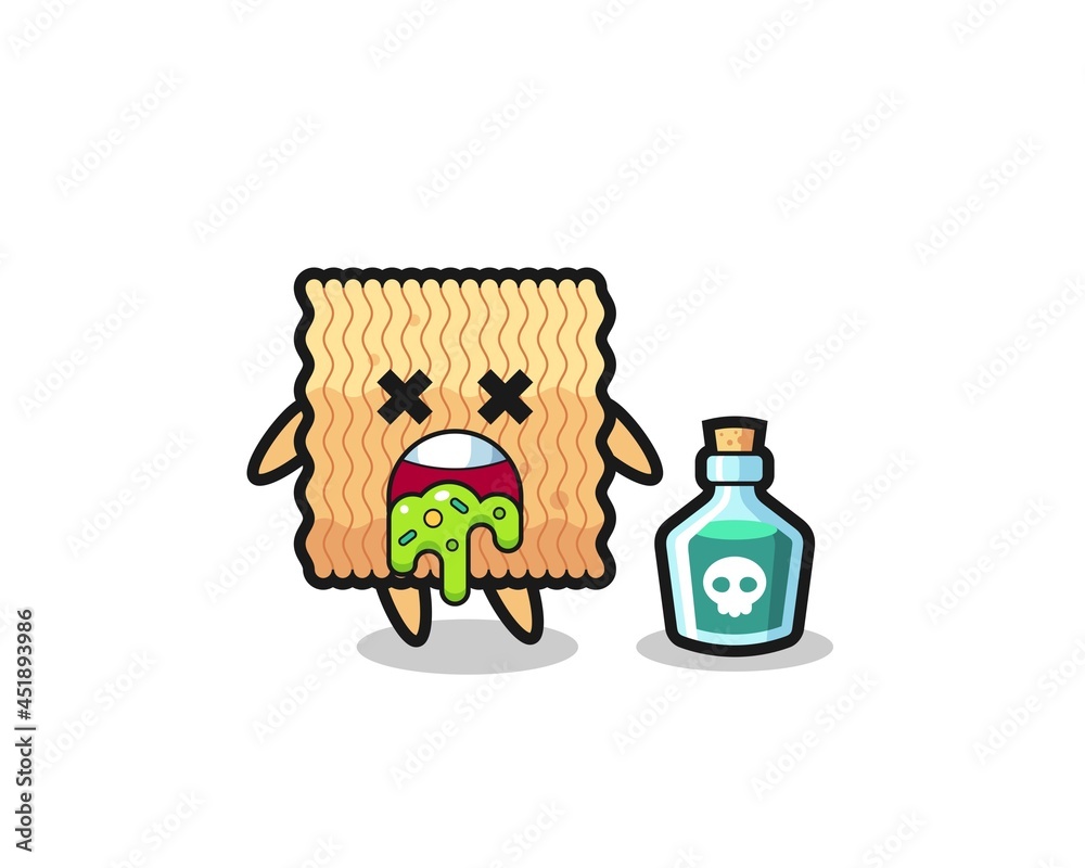 illustration of an raw instant noodle character vomiting due to poisoning