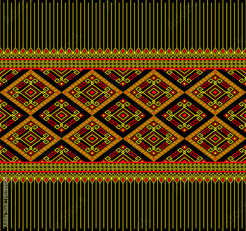 Yellow Red Ethnic or Tribe Seamless Pattern on Black Background in Symmetry Rhombus Geometric Bohemian Style for Clothing or Apparel,Embroidery,Fabric,Package Design