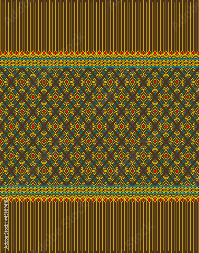 Yellow Green Native or Ethnic Seamless Pattern on Brown Background in Symmetry Rhombus Geometric Bohemian Style for Clothing or Apparel,Embroidery,Fabric,Package Design