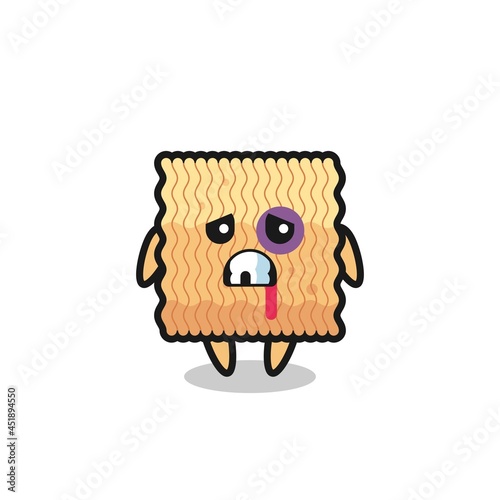 injured raw instant noodle character with a bruised face
