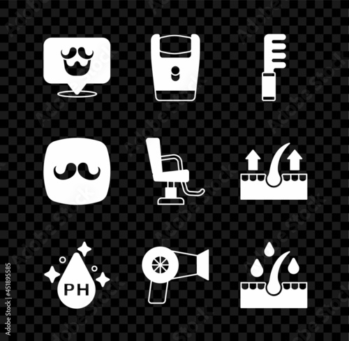 Set Barbershop, Electric razor blade, Hairbrush, Oil for hair care treatment, dryer, and chair icon. Vector