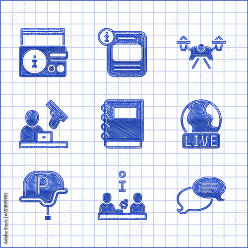 Set Notebook, Interview, Speech bubble chat, Live report, War journalist, Crime news, Drone and News radio channel icon. Vector