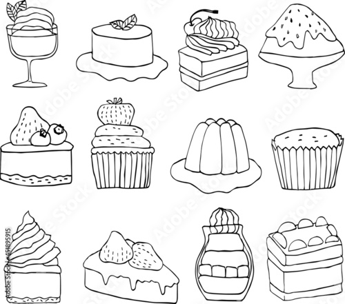 Group of hand drawn sweet dessert and cupcake collection. Vector illustration in doodle art style