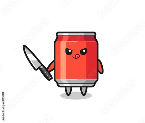 cute drink can mascot as a psychopath holding a knife