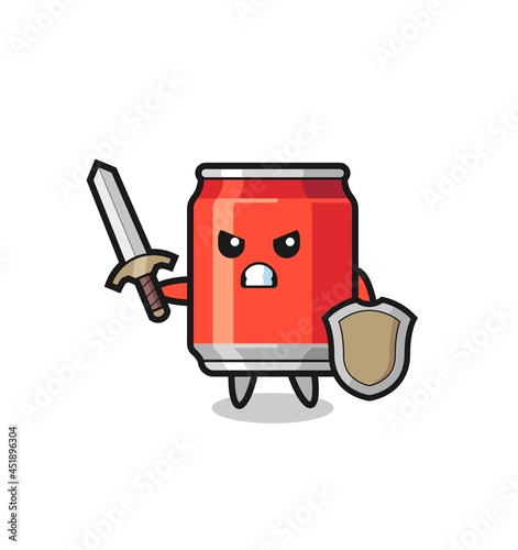cute drink can soldier fighting with sword and shield