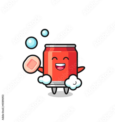 drink can character is bathing while holding soap