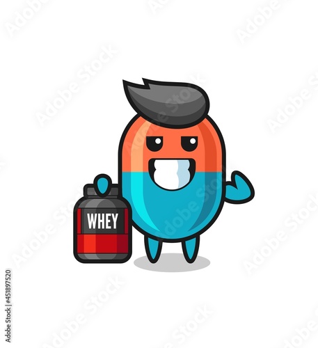 the muscular capsule character is holding a protein supplement